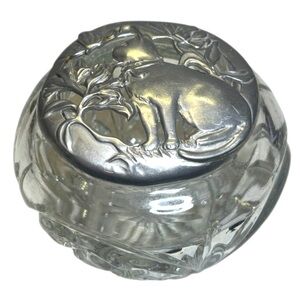 Pewter Stamped Cat Butterfly Crystal Trinket Dish Jar 80s Vanity
